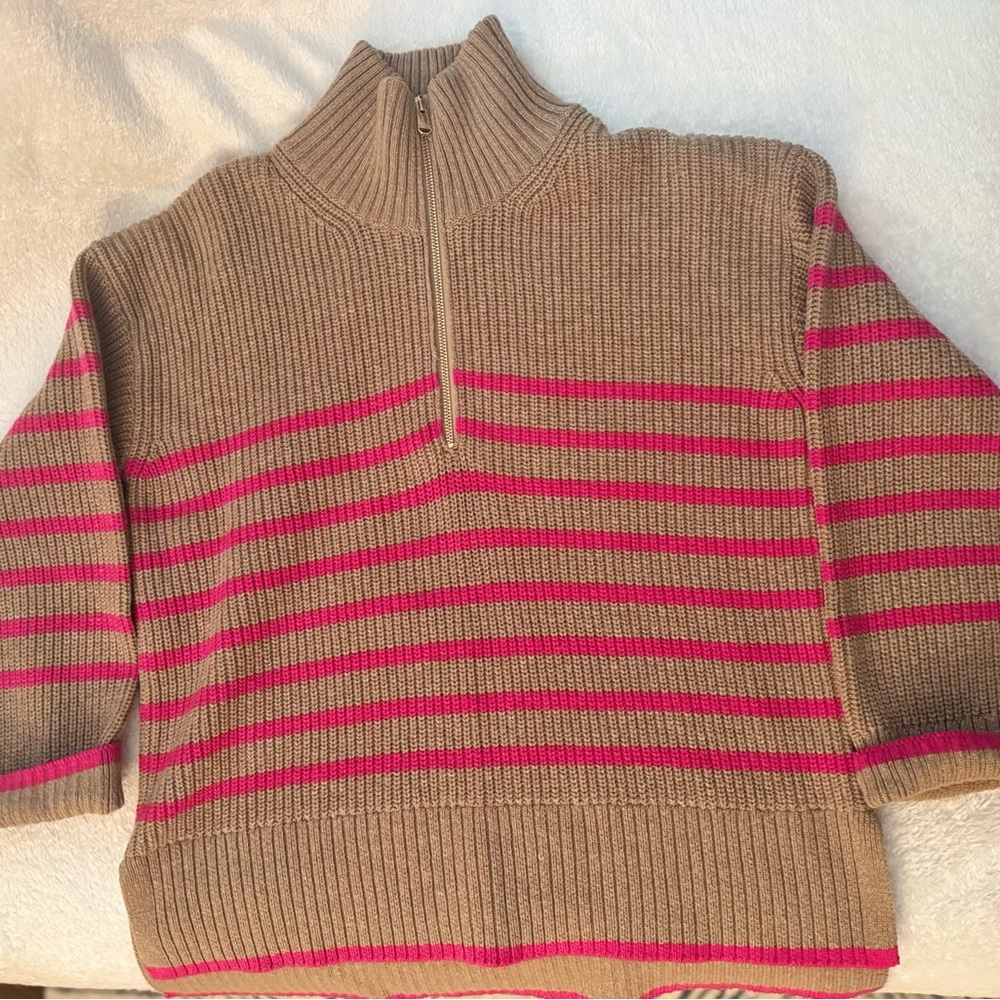 Barbour Jemima knit sweater in Taupe & Pink Stripe Half-Zip Ribbed Sweater - Picture 2 of 4